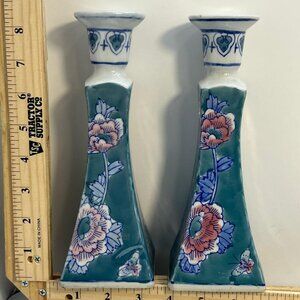 Vintage Blue Hand Painted Floral Porcelain Candlesticks Pair Of 2 Decor 9 Inches